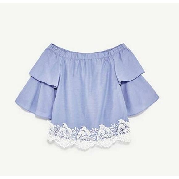Zara Blue Poplin Tiered Bell Sleeve Crochet Lace Off Shoulder Blouse Top XS - Picture 10 of 10